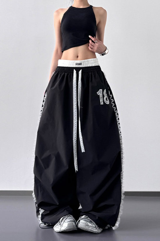 High Waist Slim Lace Trim Double Waist Pants