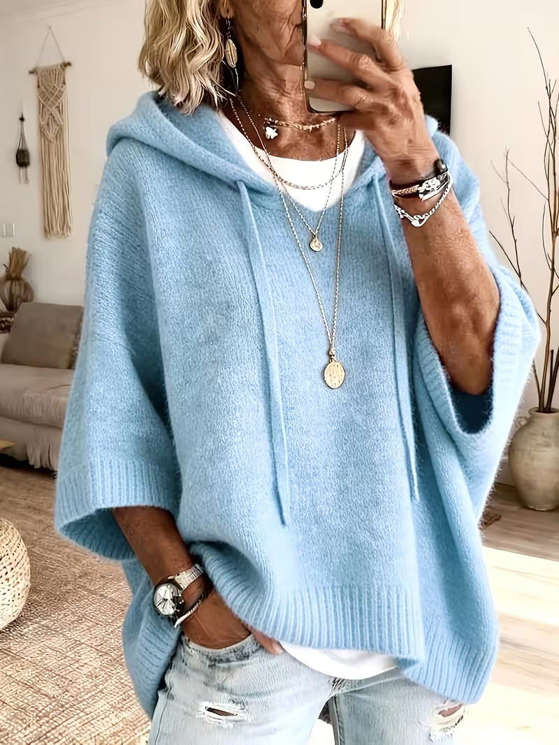 Hooded Drawstring Oversized Knit Poncho Sweater 19