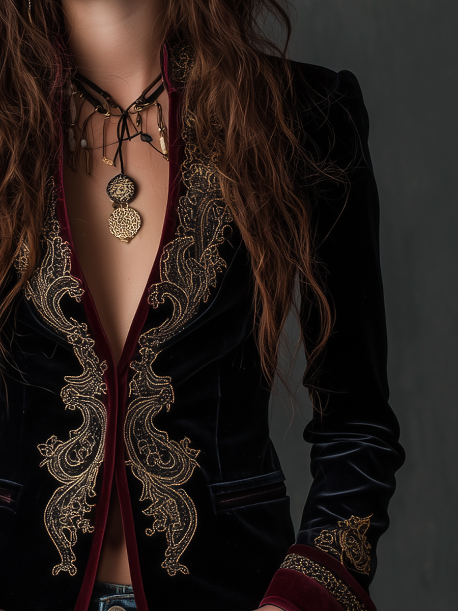 Baroque Embroidered Velvet Open Front Blazer 3