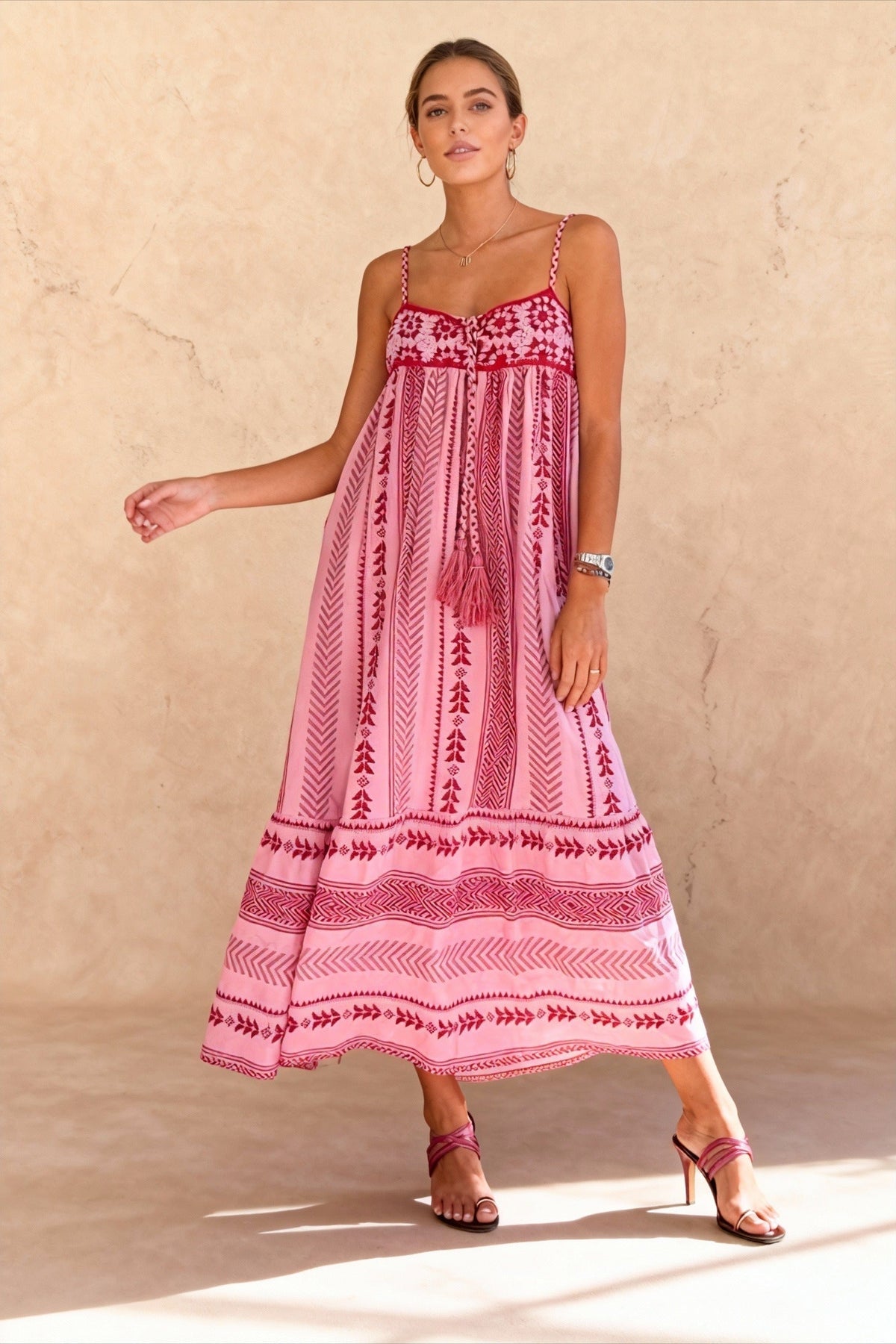 Spaghetti Strap Tie Front Tassel Embroidered Geometric Maxi Dress