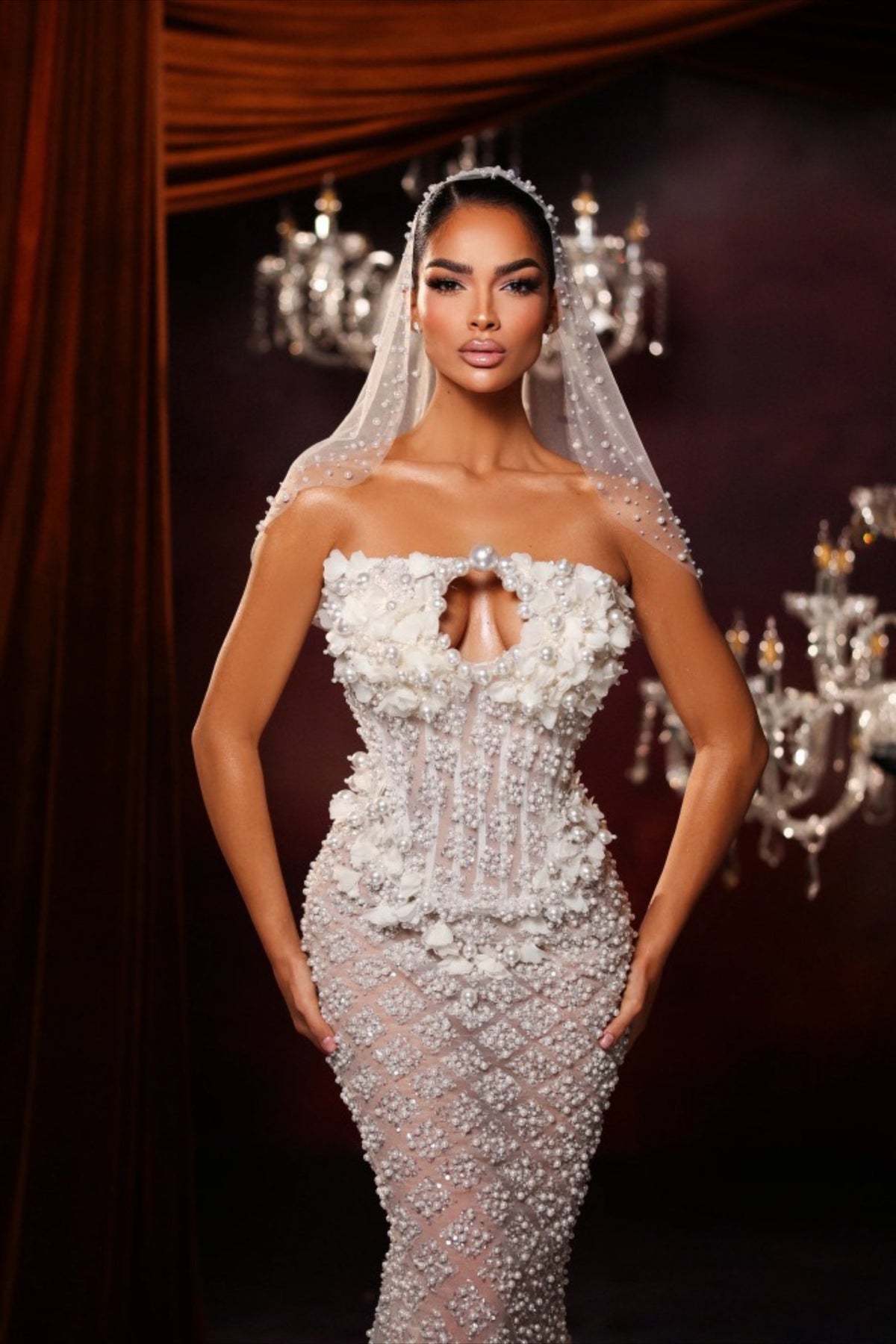 Beaded Strapless 3D Floral Sheer Mermaid Train Prom Gown - View 2