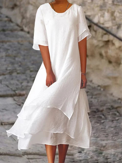 Round Neck Short Sleeve Tiered Handkerchief Hem Midi Dress