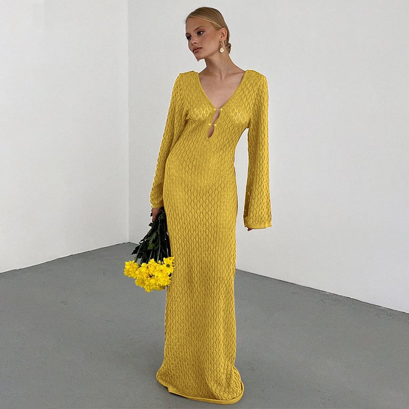 Crochet Deep V-Neck Bell Sleeve Fitted Maxi Dress - View 13