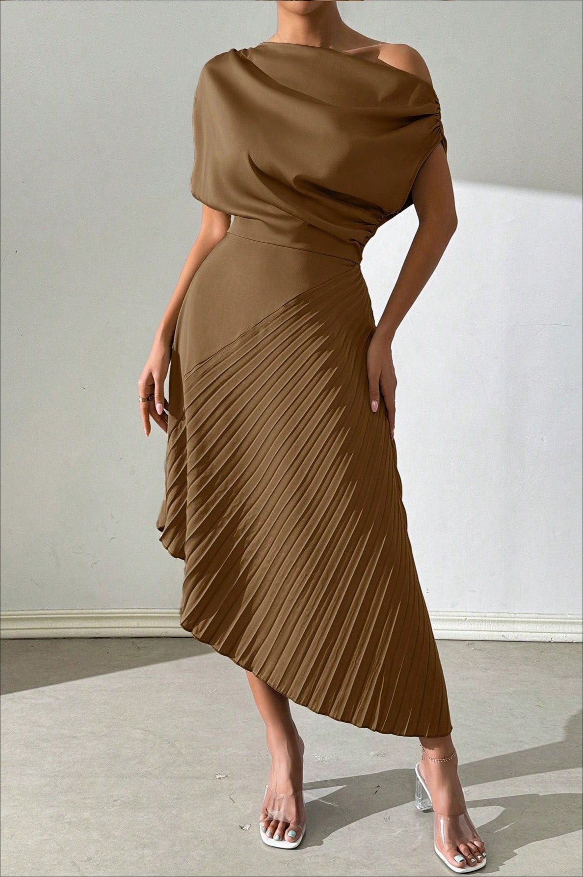 Satin One Shoulder Ruched Pleated Asymmetric Midi Dress - View 8