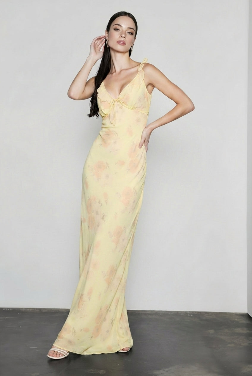 Floral V-Neck Ruffle Trim Tie Front Slip Maxi Dress