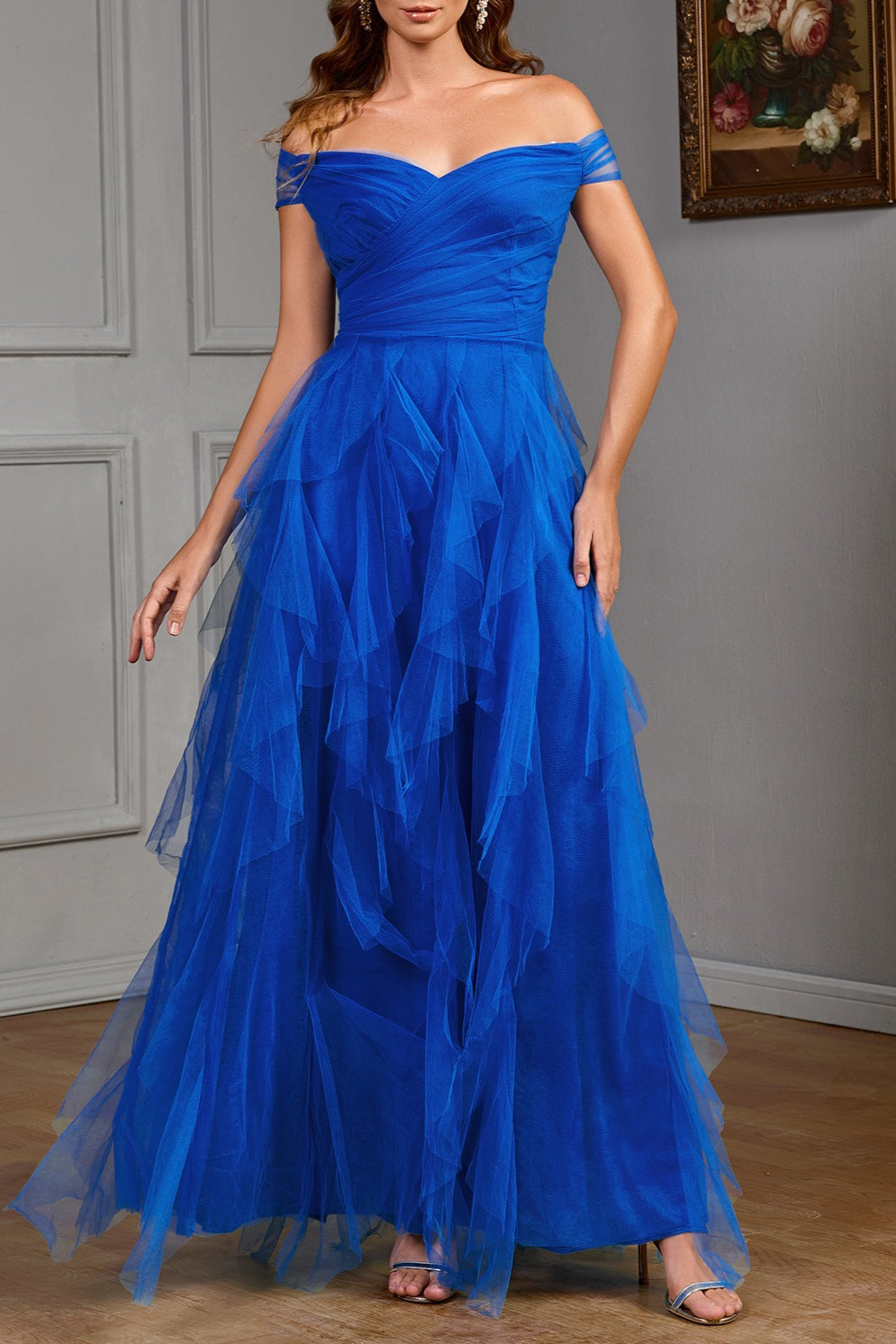Off Shoulder Sweetheart Ruched Tiered Tulle A-Line Maxi Gown - View 2