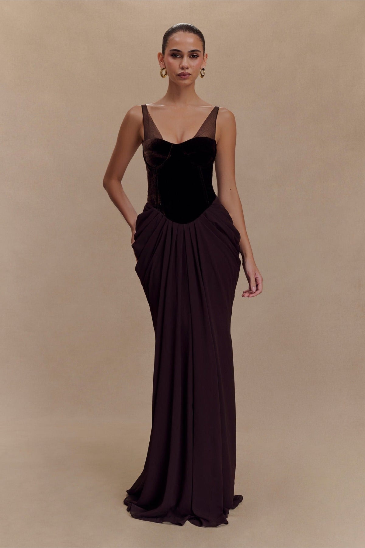 Velvet Corset Bustier Mesh Panel Maxi Gown - View 2