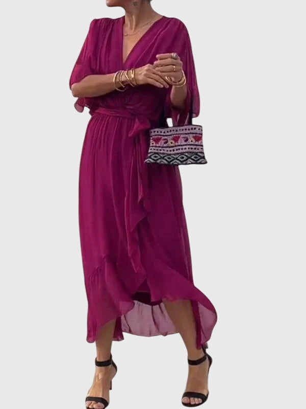 Chiffon V-Neck Batwing Sleeve Belted High Low Midi Dress 8