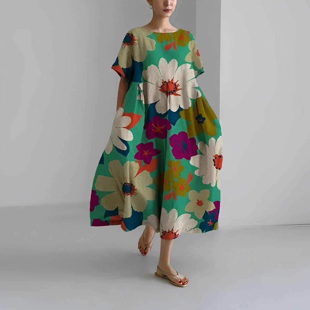 Abstract Floral Round Neck Short Sleeve Pleated Maxi Dress 6