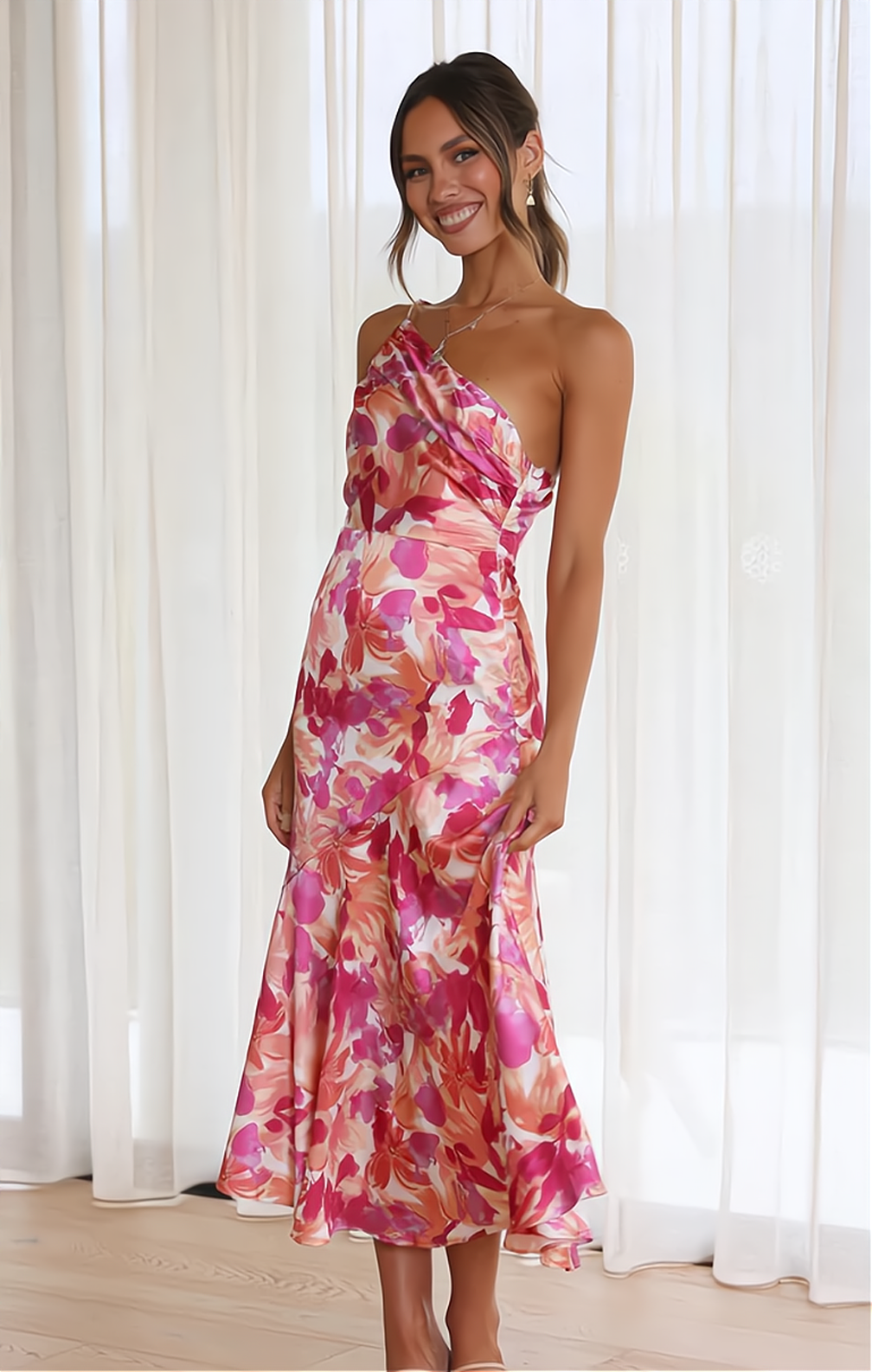 One Shoulder Floral Satin Mermaid Midi Dress - View 2