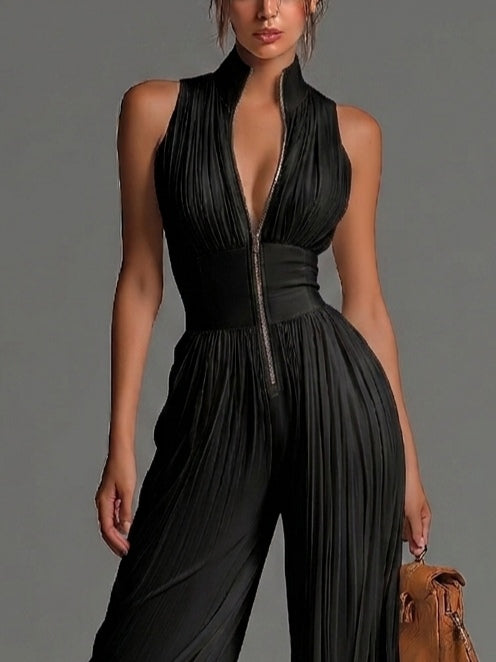 Deep V-Neck Zip Front Pleated Wide Leg Jumpsuit 4