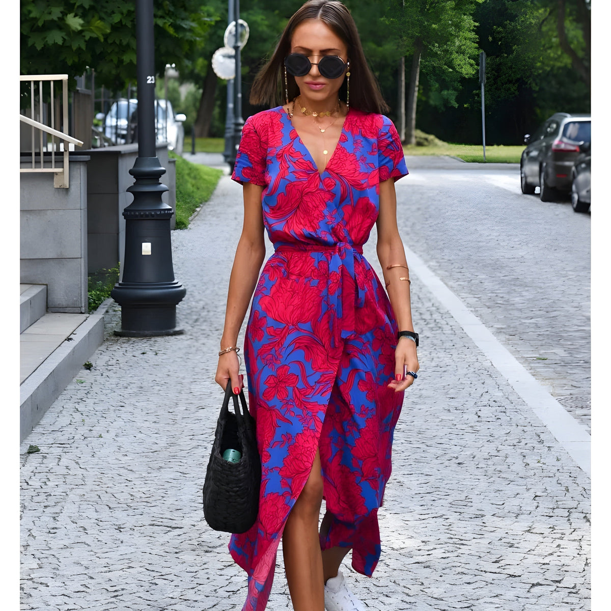 Floral Print V-Neck Short Sleeve Belted Wrap Midi Dress 2