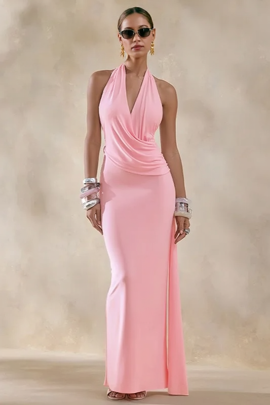 Halter Cowl Neck Ruched High Split Maxi Dress