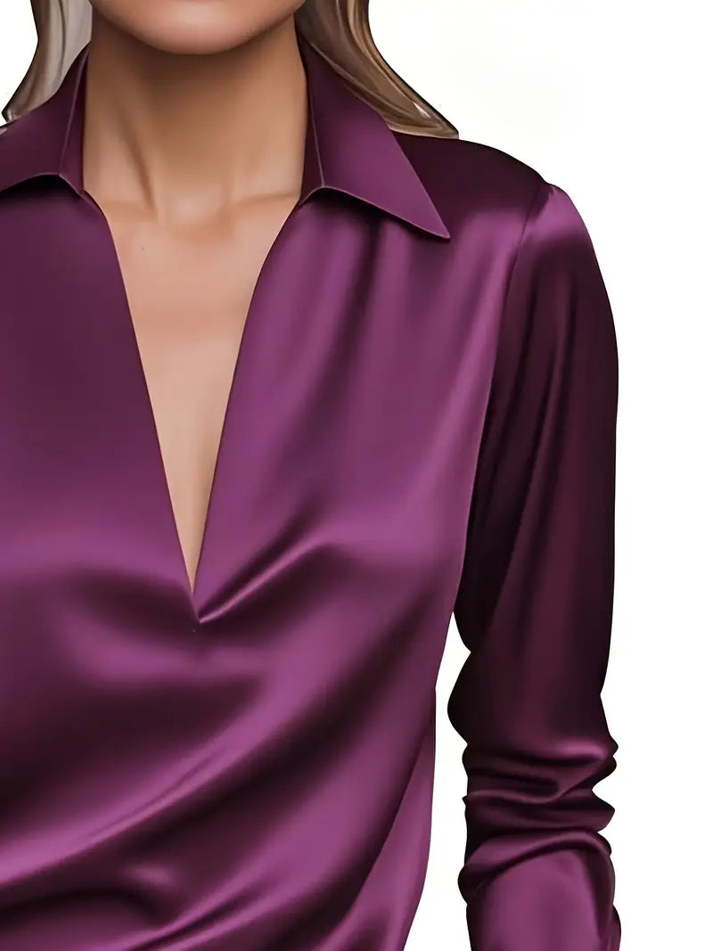 Collared Deep V-Neck Long Sleeve Satin Blouse 45