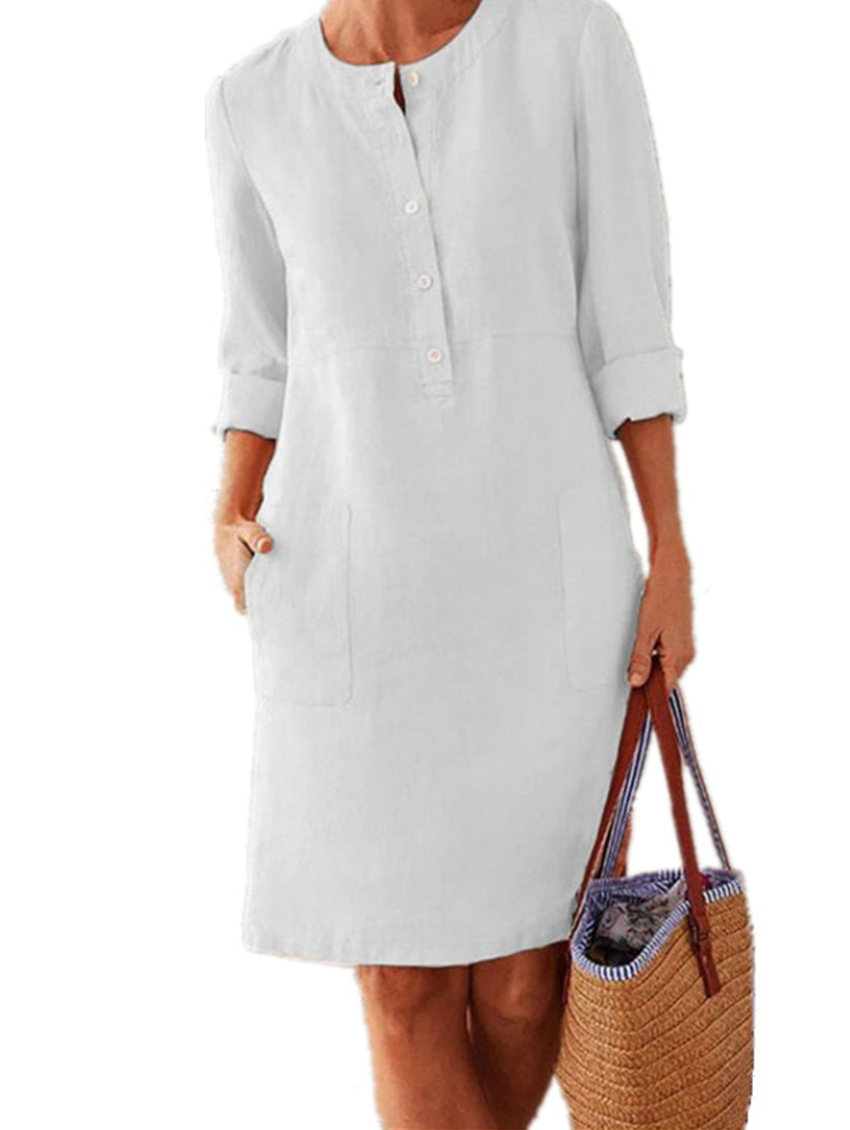 Button Front Round Neck Patch Pocket Three Quarter Shift Dress - View 9