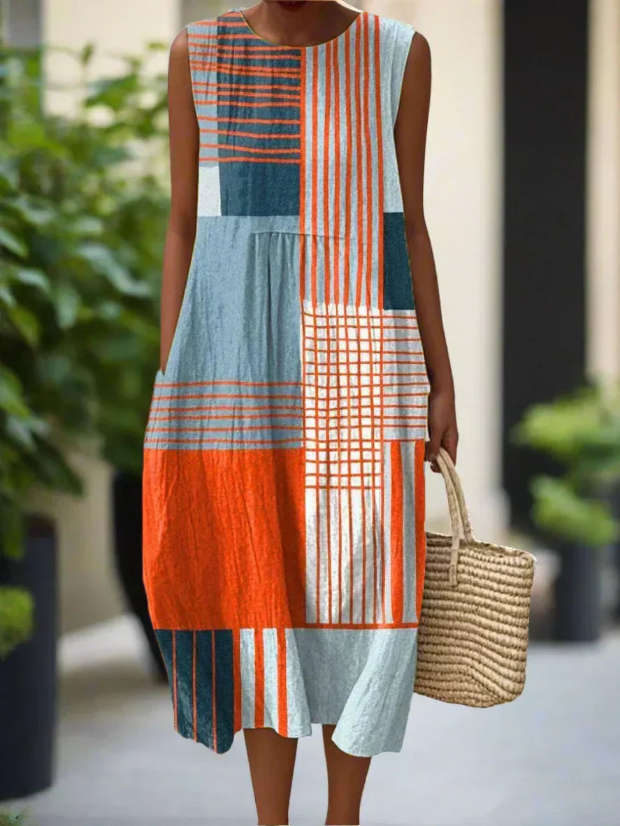 Abstract Print Round Neck Sleeveless Pocket Midi Dress 2