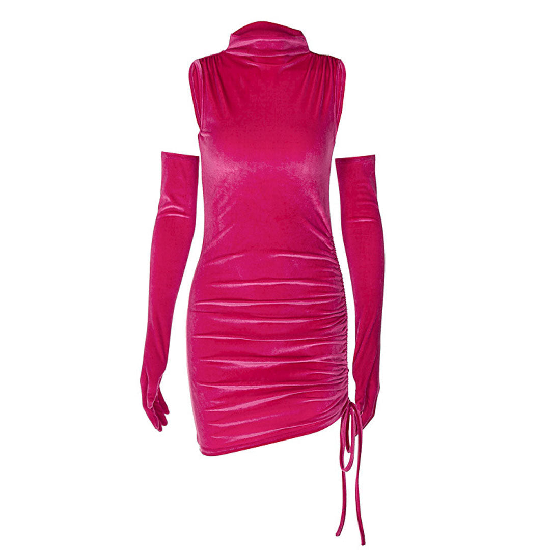 Velvet High Neck Sleeveless Ruched Bodycon Party Mini Dress - View 3