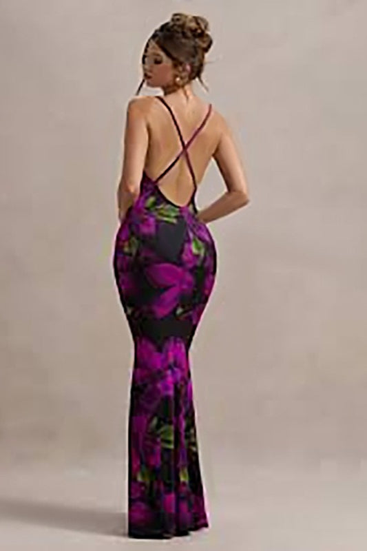 Floral Print Cowl Neck Spaghetti Strap Bodycon Maxi Dress - View 3