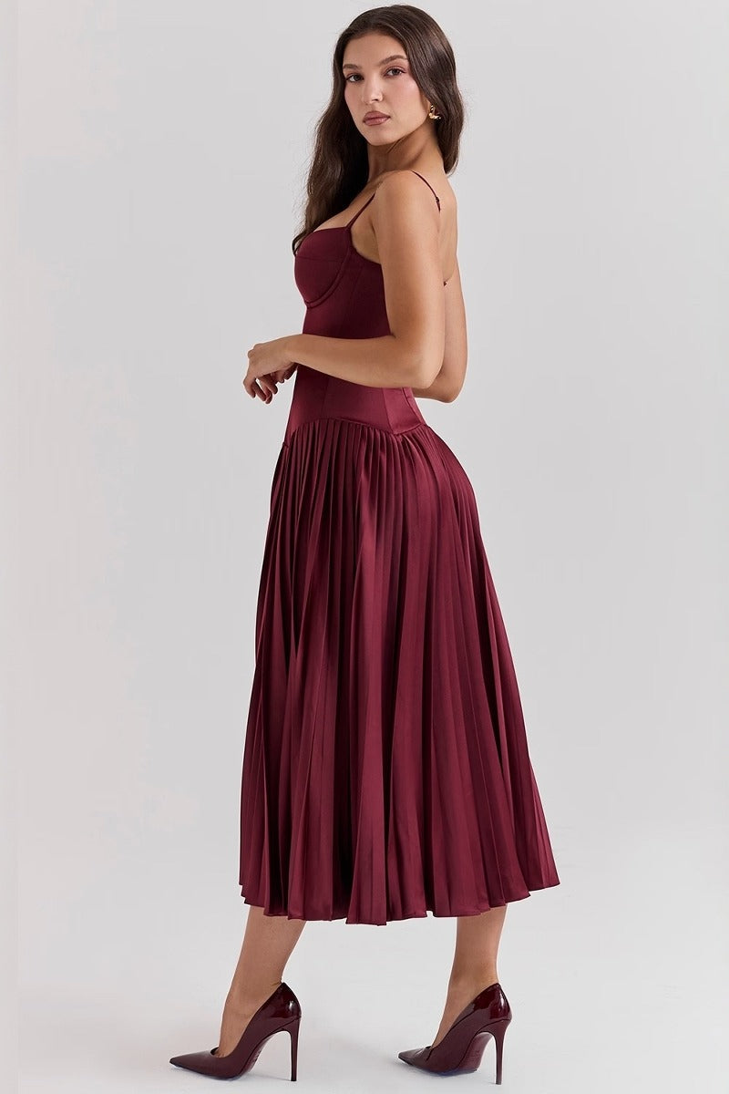 Spaghetti Strap Sweetheart Corset Knife Pleated Satin Midi Dress - View 2