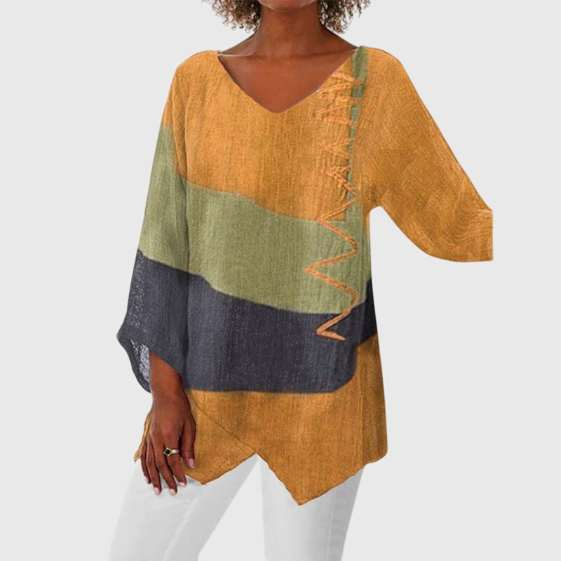 Colorblock V-Neck Long Sleeve Asymmetric Tunic Top 2
