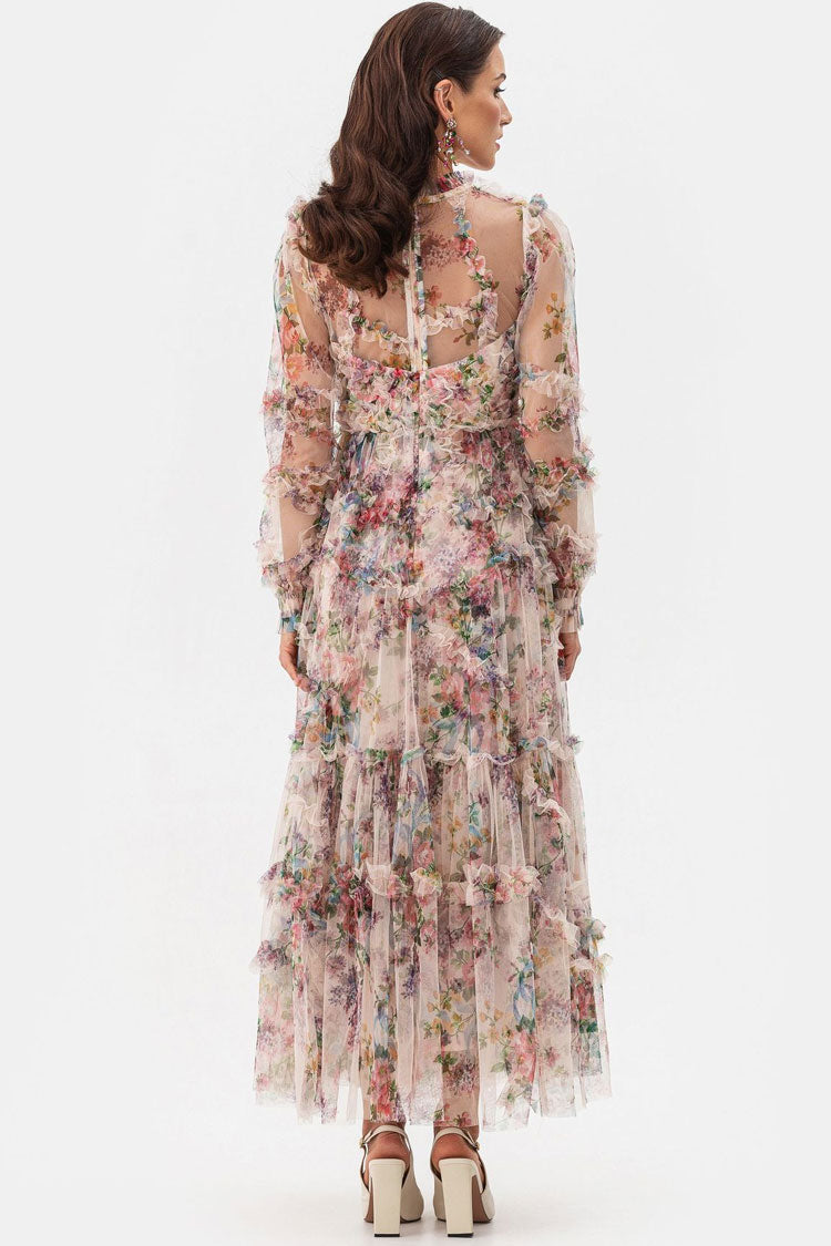 Mock Neck Bishop Sleeve Floral Tulle Tiered Ruffle Maxi Dress - View 3