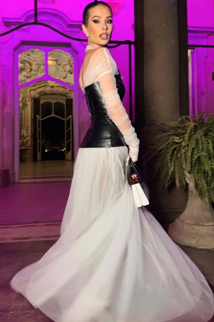Fairy Off Shoulder Black White Faux Evening Maxi Dress - White - View 5