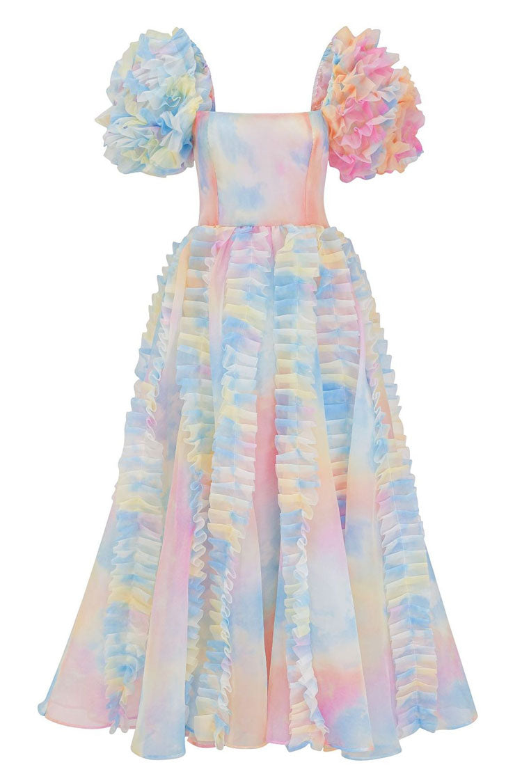 Square Neck Puff Sleeve Tiered Ruffle Organza High Low Midi Dress - View 5