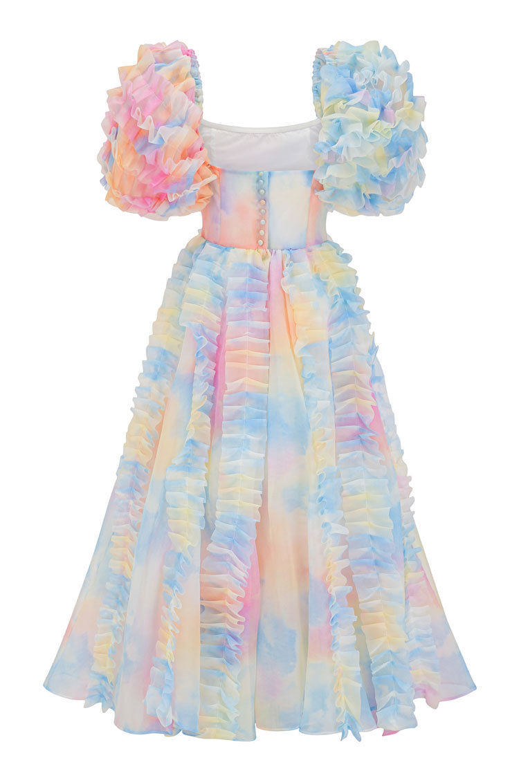 Square Neck Puff Sleeve Tiered Ruffle Organza High Low Midi Dress - View 6
