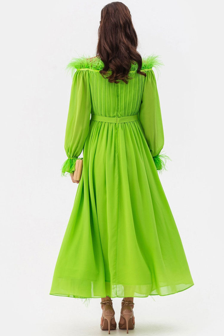 Fairytale Feather Trim Off Shoulder Evening Maxi Dress - Green - View 3