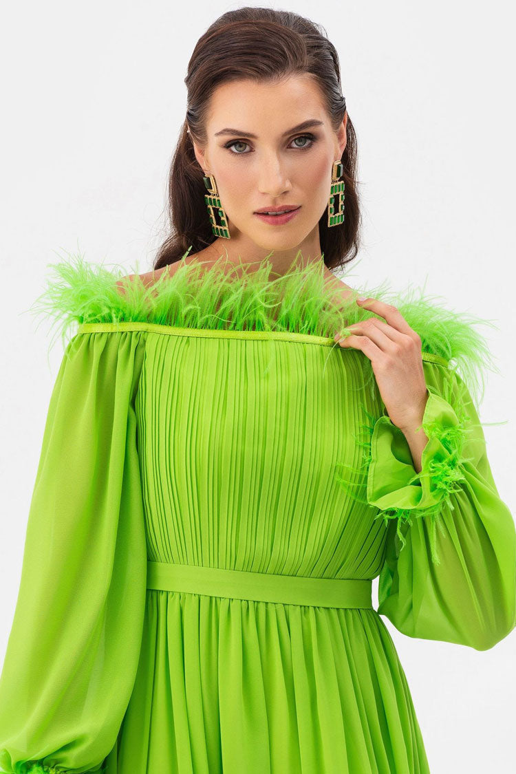 Fairytale Feather Trim Off Shoulder Evening Maxi Dress - Green - View 4