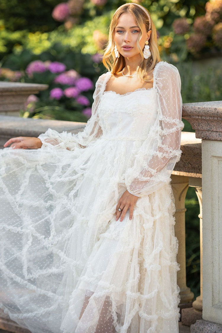Fairytale Sweetheart Belted Dotted Tulle Layered Dress - Beige
