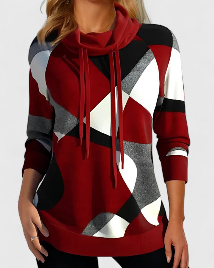 Geometric Print Cowl Neck Drawstring Long Sleeve Top 3