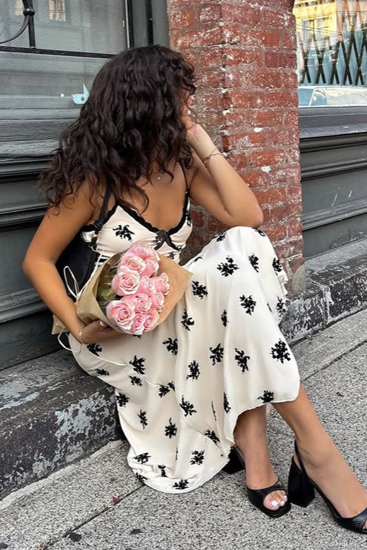 Floral Deep V-Neck Spaghetti Strap Lace Trim Slip Midi Dress - View 6