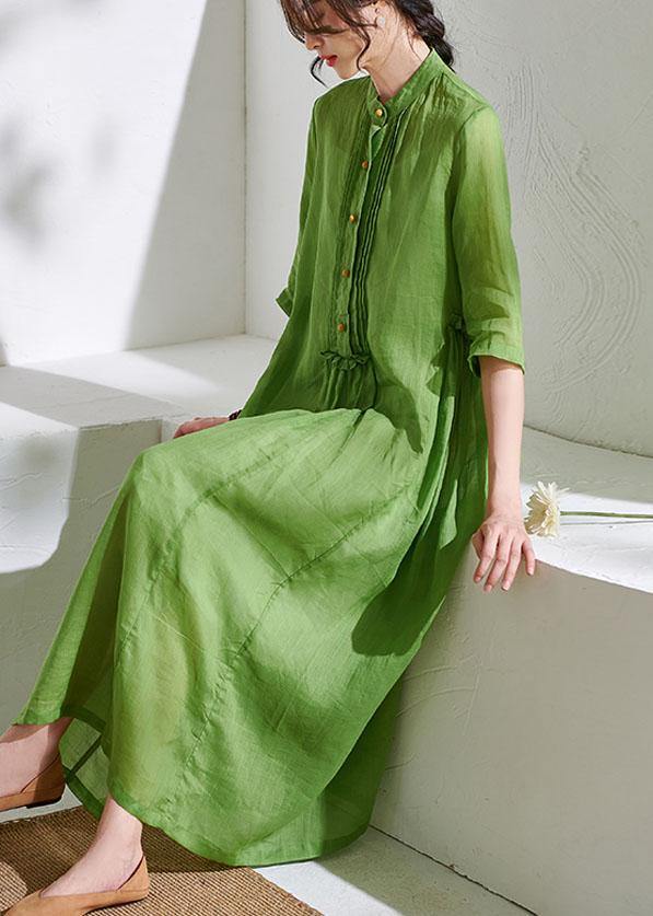 Mandarin Collar Button Placket Pintuck Drop Waist Half Maxi Dress - View 2