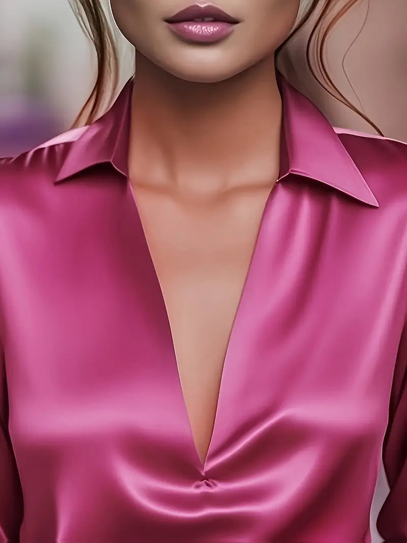 Collared Deep V-Neck Long Sleeve Satin Blouse 19