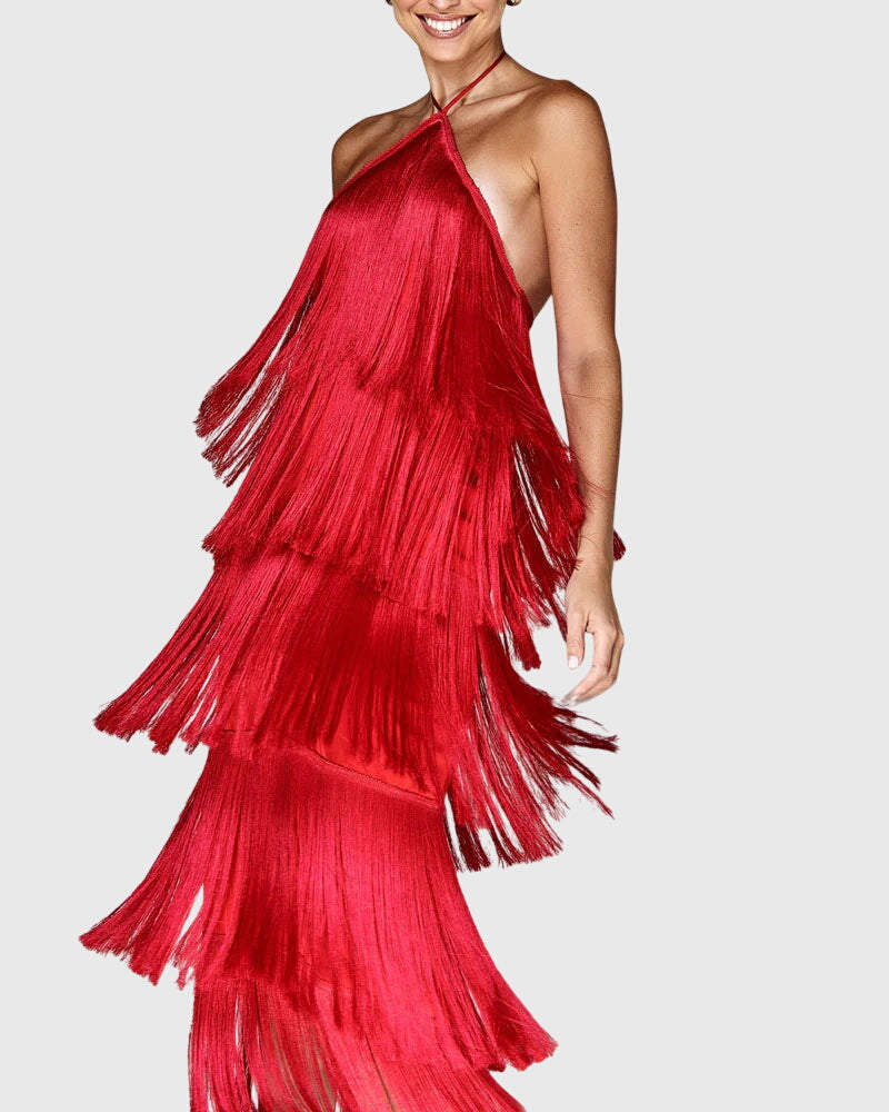 Halter Neck Tiered Fringe Maxi Dress 2
