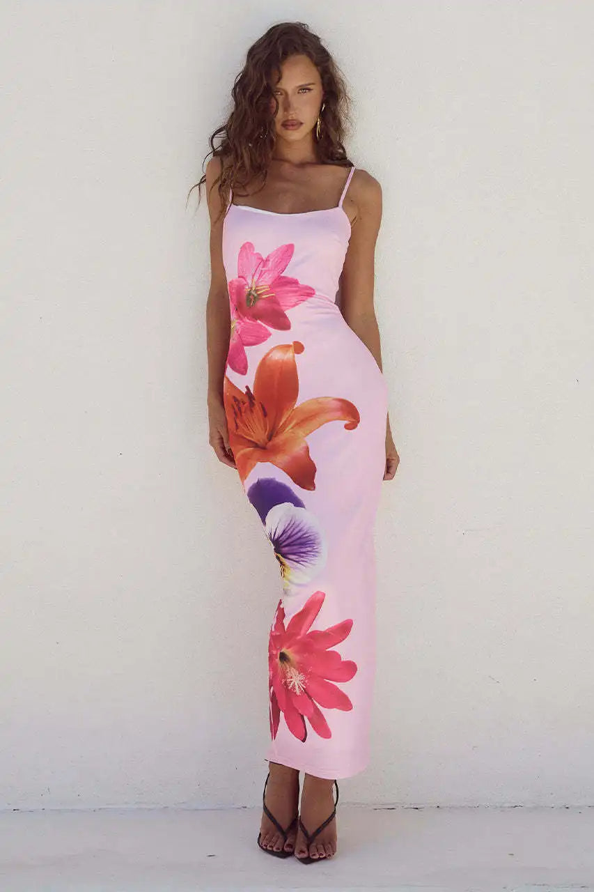 Floral Print Spaghetti Strap Square Neck Bodycon Maxi Dress - View 8