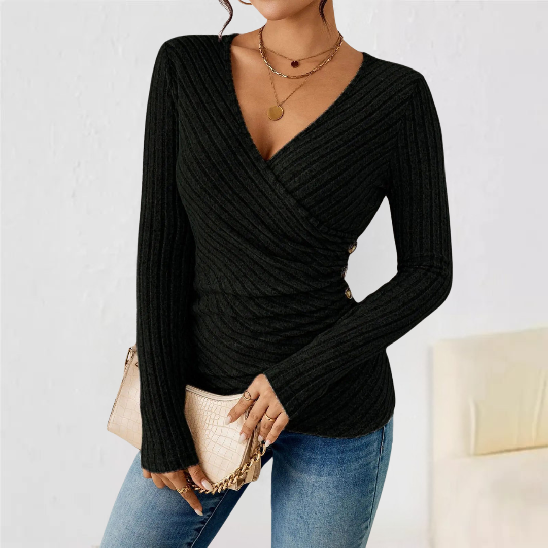 Ribbed Knit Wrap V-Neck Long Sleeve Ruched Top 2