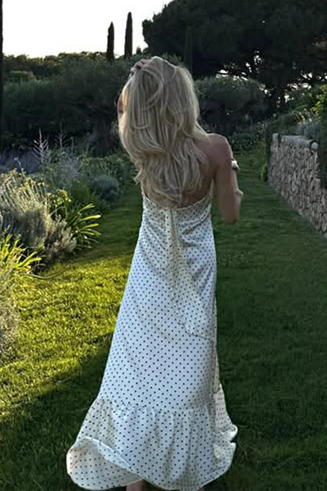 Polka Dot Backless Satin Maxi Dress - View 4