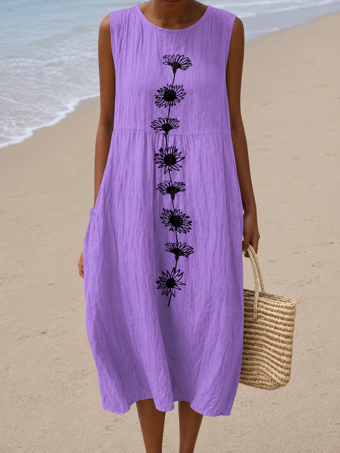 Daisy Print Round Neck Sleeveless Midi Dress 2