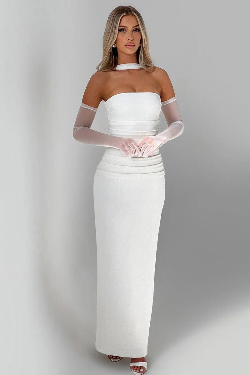 Strapless Choker Neck Ruched Sheer Glove Bodycon Maxi Dress - View 2