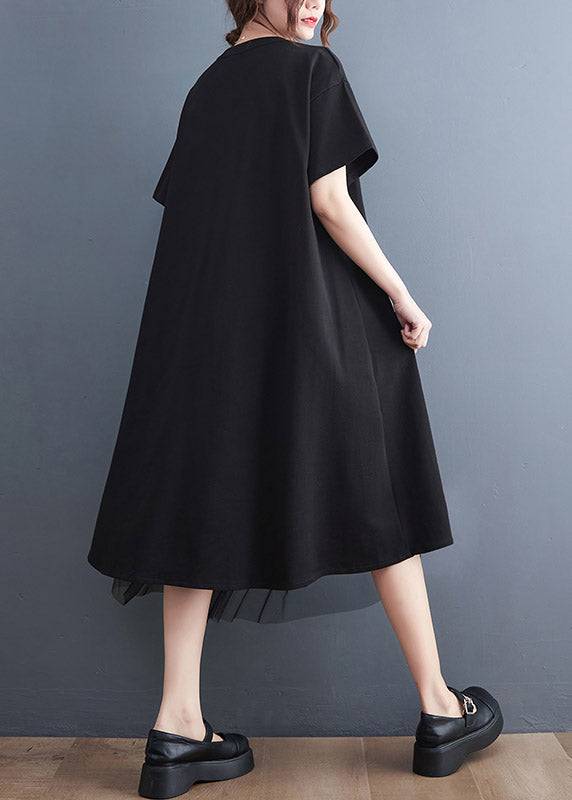 Diagonal Zip Mesh Layer Asymmetrical Hem Short Sleeve Midi Dress - View 3