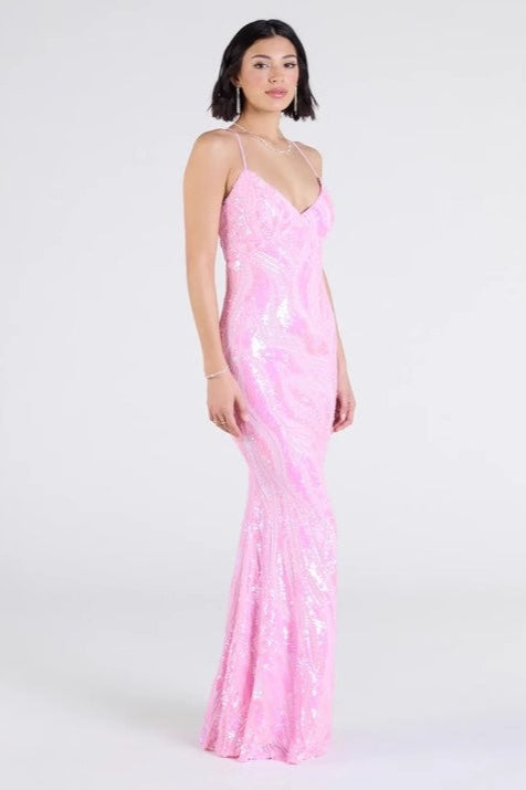Sequin V-Neck Lace Up Back Mermaid Gown - View 4