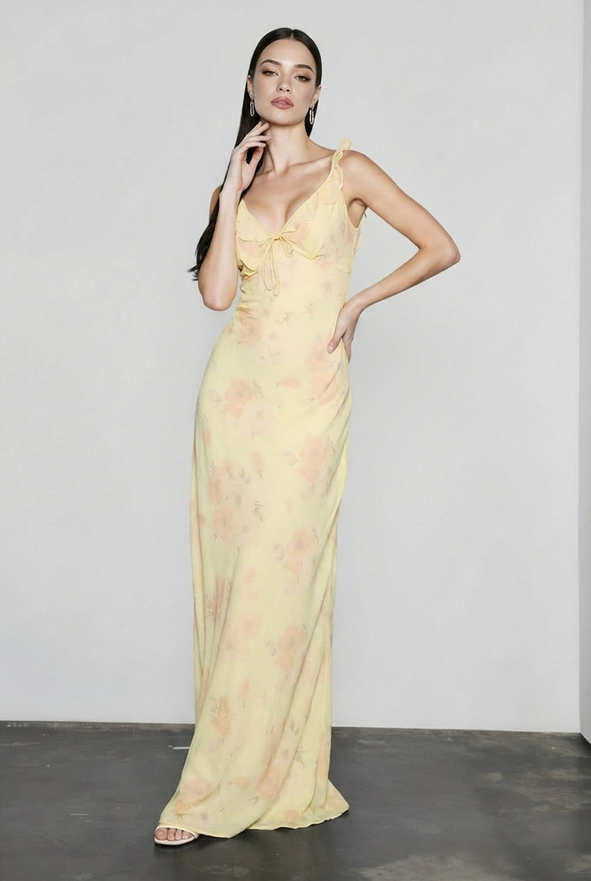 Floral V-Neck Ruffle Trim Tie Front Slip Maxi Dress 3