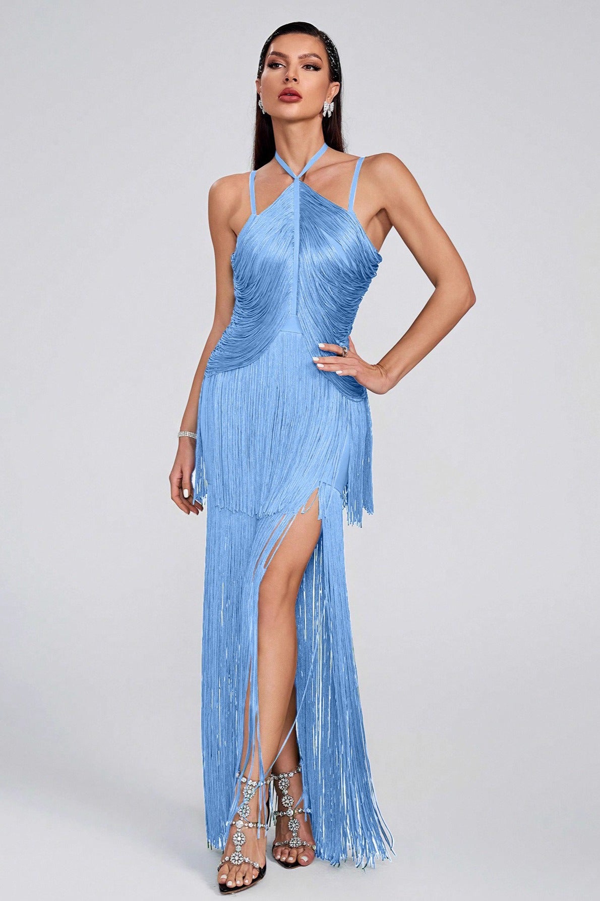 Halter Sling Maxi Fringe Hem Cocktail Dress - View 3