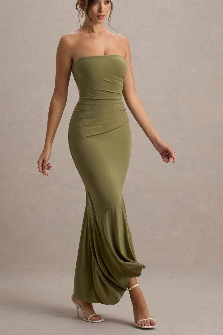 Strapless Ruched Asymmetric Ruffle Hem Bodycon Maxi Gown - View 2