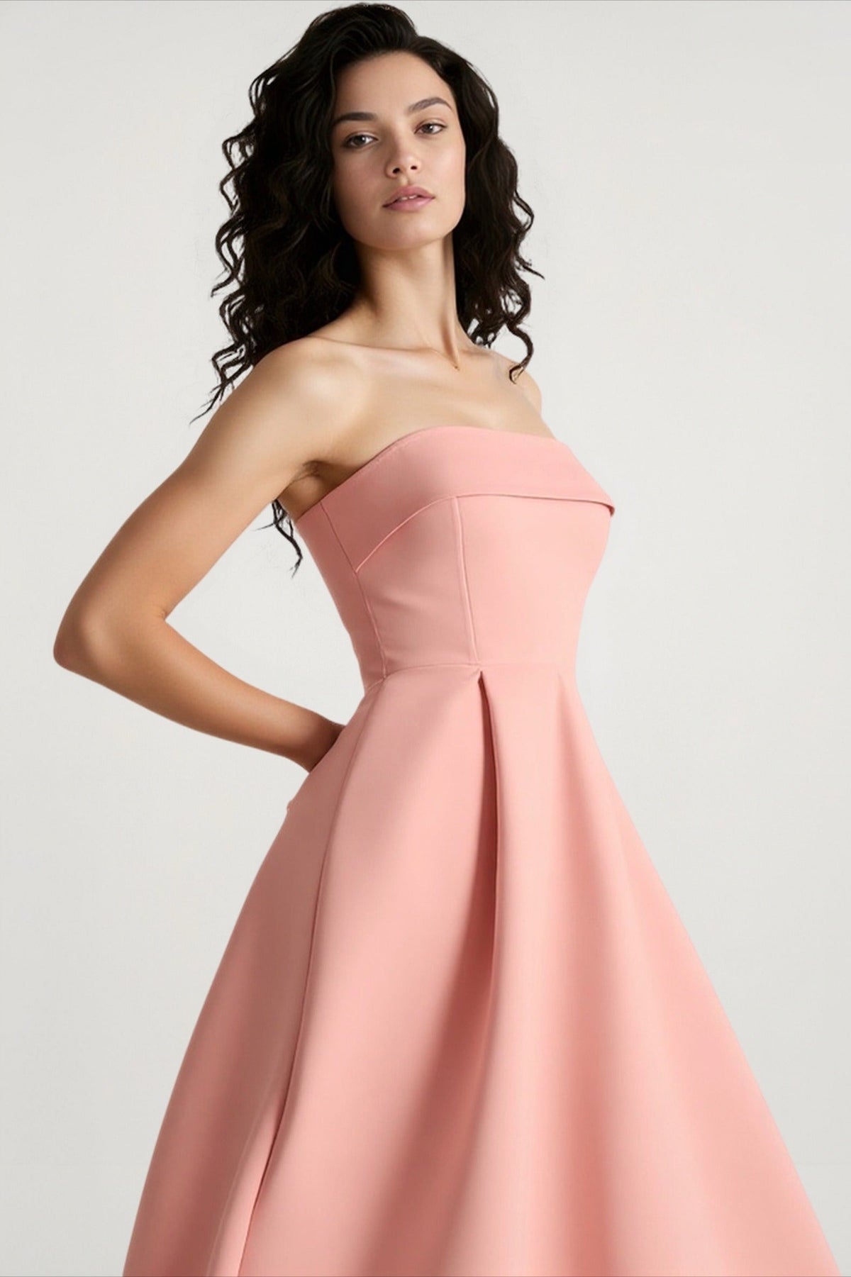 Strapless Fold Over Neck Pleated Fit and Flare Midi Cocktail Dress - View 10