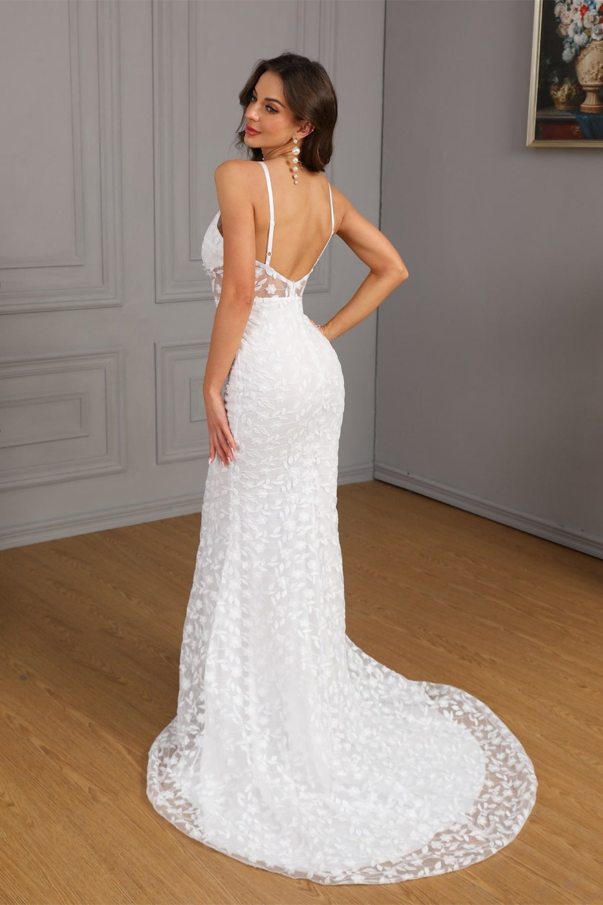 Floral Lace Deep V-Neck Spaghetti Strap Mermaid Maxi Gown - View 5