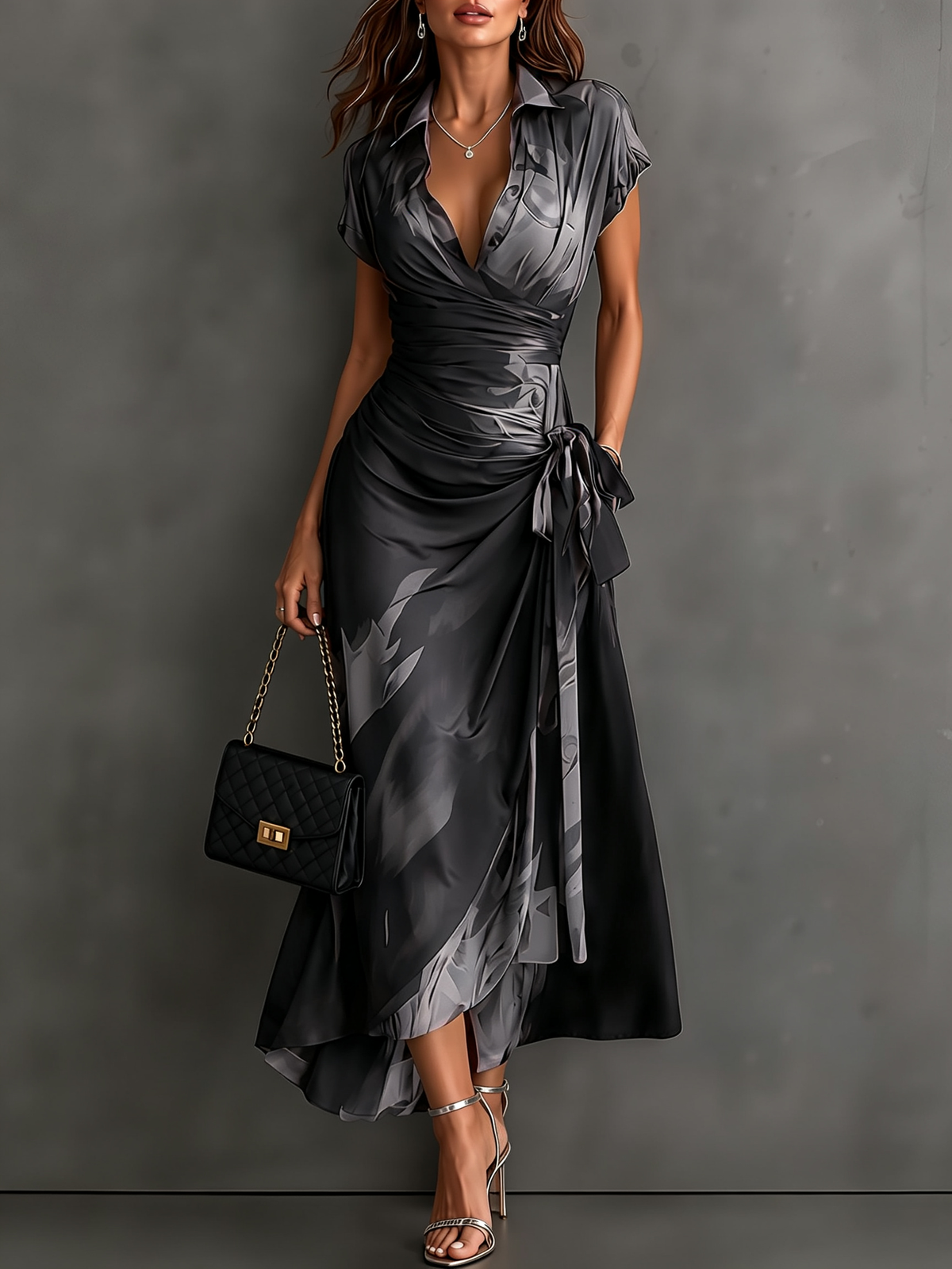 Abstract Print Collared Cap Sleeve Ruched Wrap Maxi Dress 17