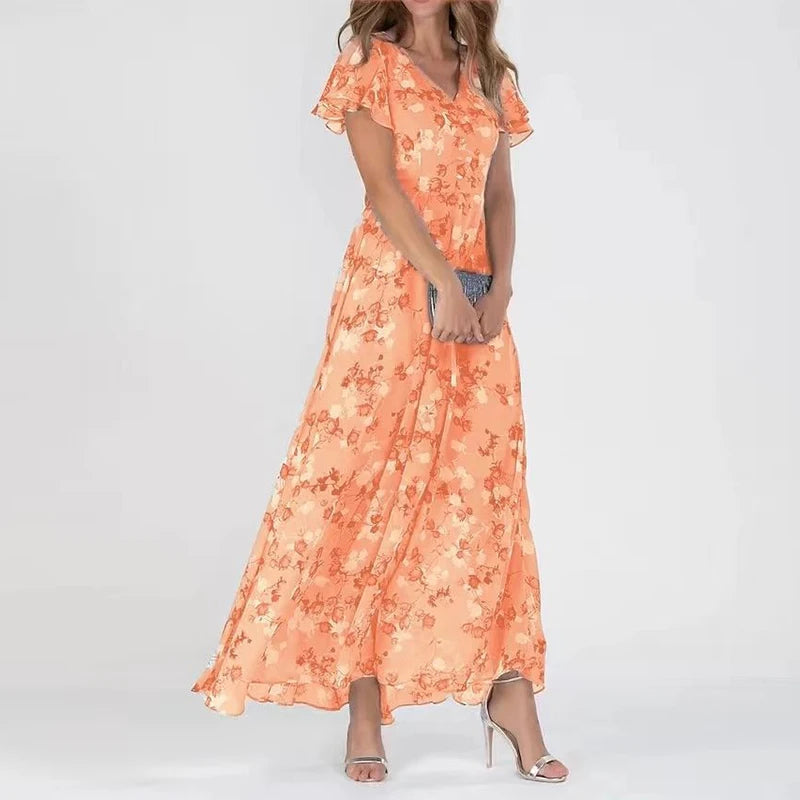 Floral V-Neck Flutter Sleeve High Low Maxi Dress